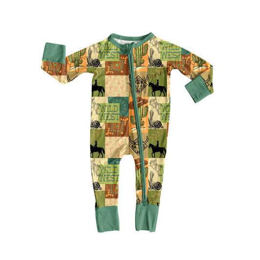 ( Moq 5 ) Preorder Baby Boy Long Sleeves Cow Cactus Western Zipper Footies Romper
