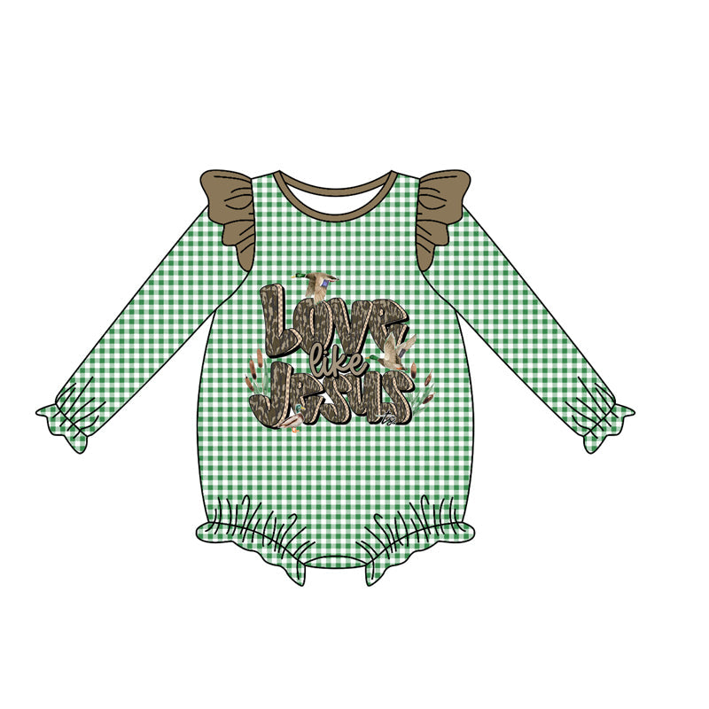 ( Moq 5 ) Preorder Baby Girl Long Sleeves Ducks Jesus Green Plaid Bubble Romper
