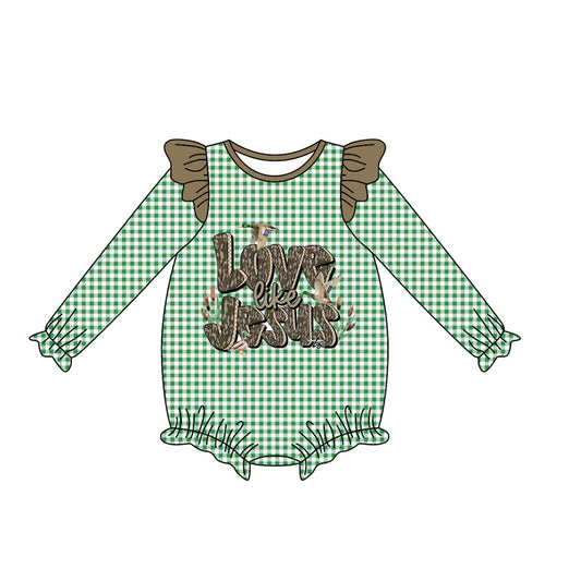 ( Moq 5 ) Preorder Baby Girl Long Sleeves Ducks Jesus Green Plaid Bubble Romper