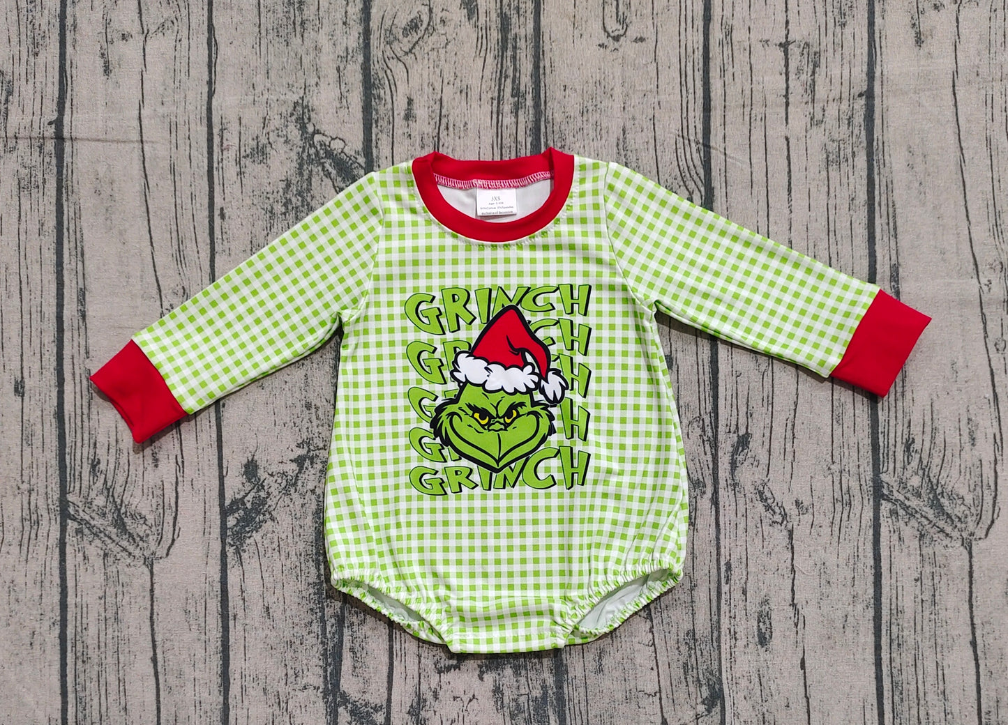 Baby Boy Long Sleeves Green Face Christmas Bubble Plaid Romper RTS