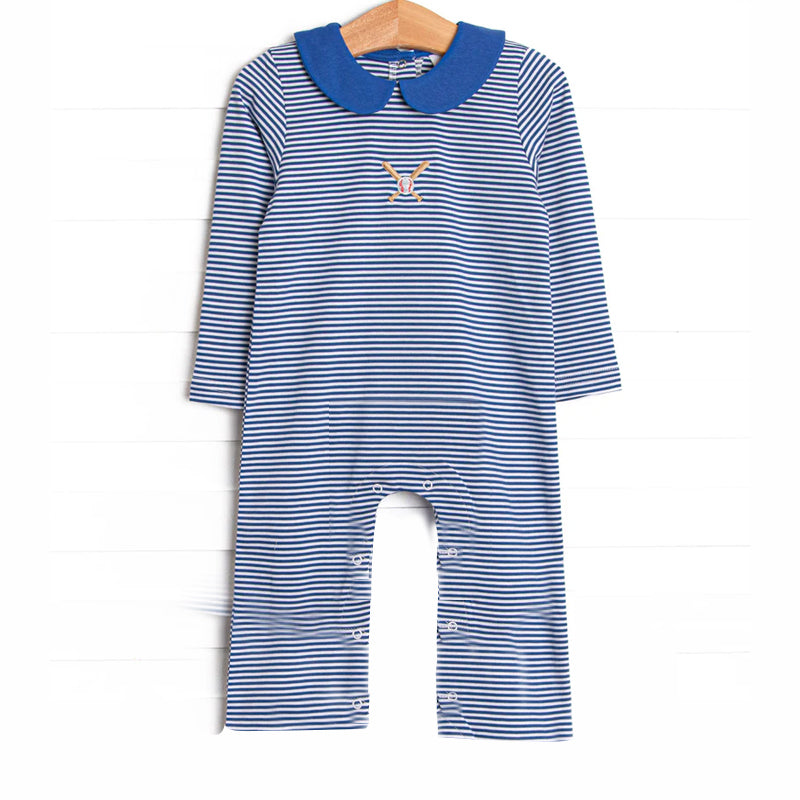 ( Moq 5 ) Preorder Baby Kids Infant Long Sleeves Baseball Blue Stripes Buttons Romper