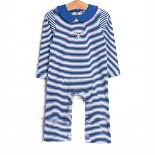 ( Moq 5 ) Preorder Baby Kids Infant Long Sleeves Baseball Blue Stripes Buttons Romper