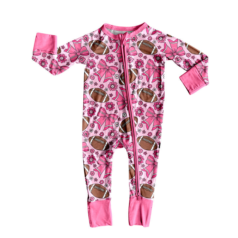 ( Moq 5 ) Preorder Baby Girl Long Sleeves Football Bows Flower Pink Zipper Romper
