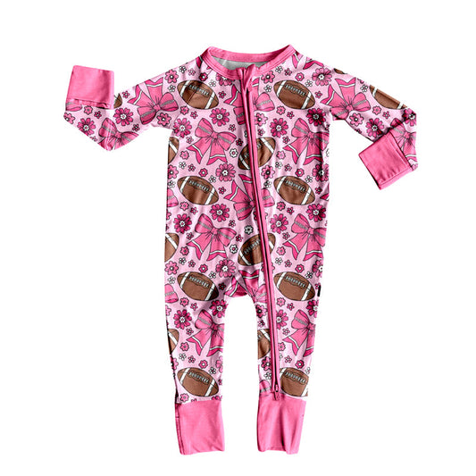 ( Moq 5 ) Preorder Baby Girl Long Sleeves Football Bows Flower Pink Zipper Romper