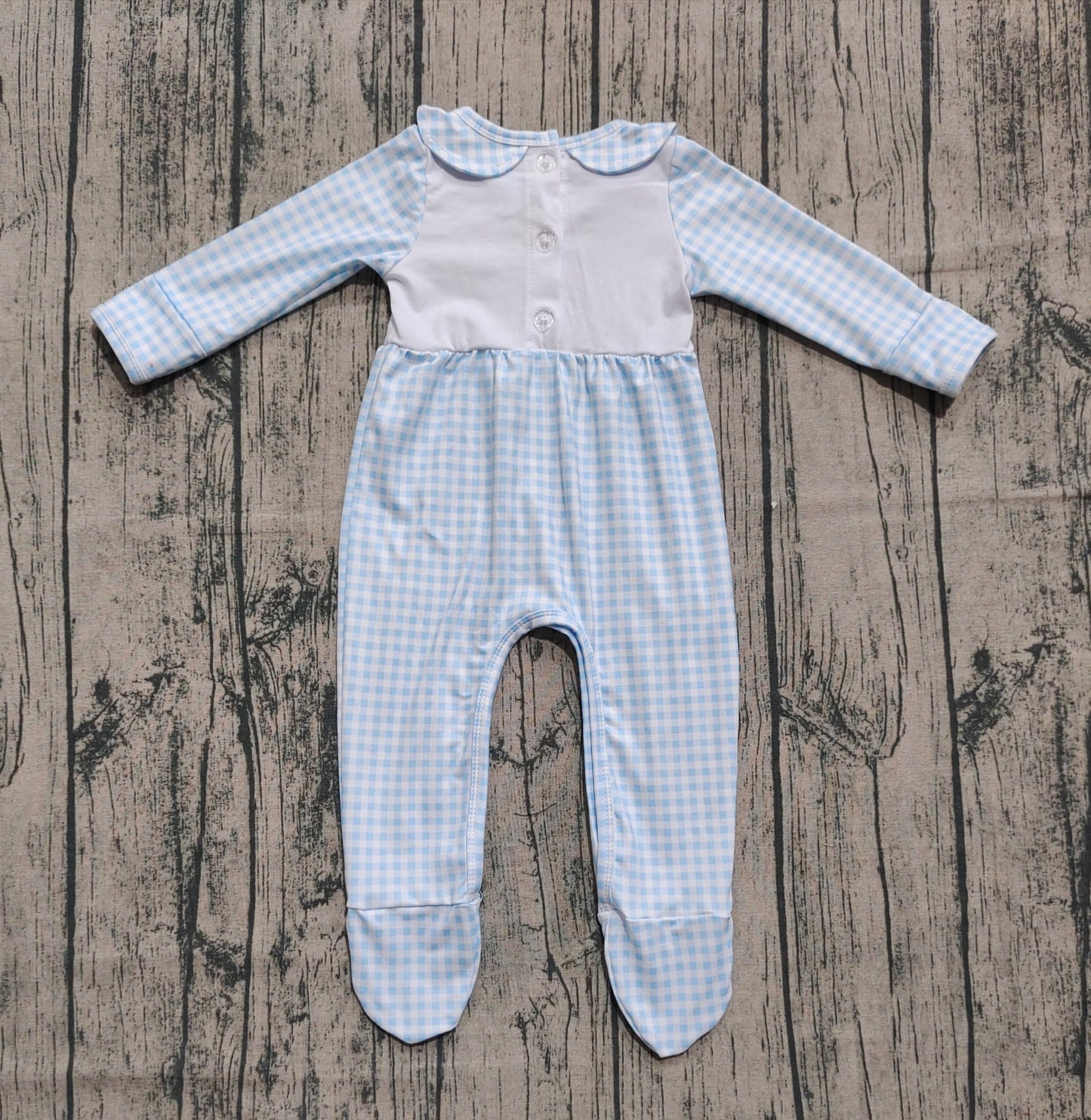 ( No moq ) Preorder Baby Boy Long Sleeves Embroidery turkey Pumpkins Blue Plaid Thanksgiving Footies Romper