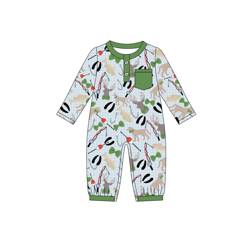 ( Moq 5 ) Preorder Baby Boy Long Sleeves Pocket Hunting Fishing Green Romper