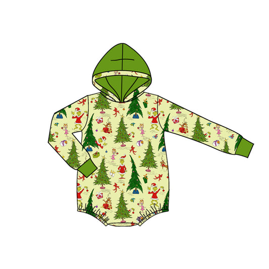 ( Moq 5 ) Preorder Baby Boy Long Sleeves Green Face Tree Christmas Green Hoodie Bubble Romper