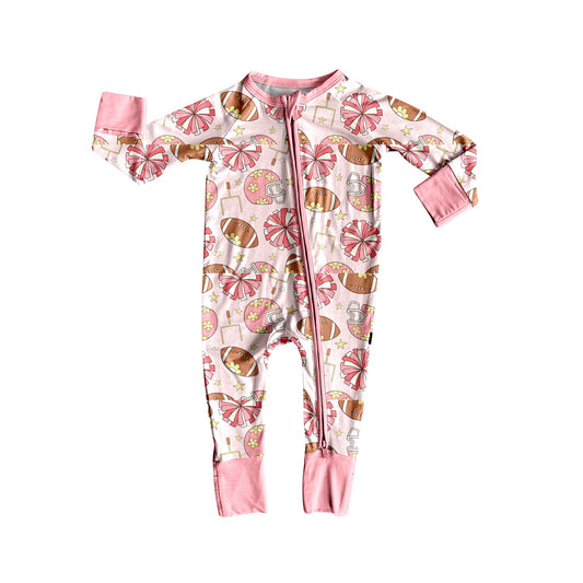 ( Moq 5 ) Preorder Baby Girl Pink Long Sleeves Football Cheer Flower Zipper Footie Romper