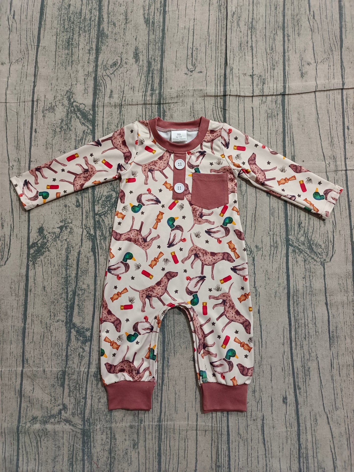 ( No moq ) Preorder Baby Boy Long Sleeves Ducks Dogs Buttons Pocket Hunting Romper