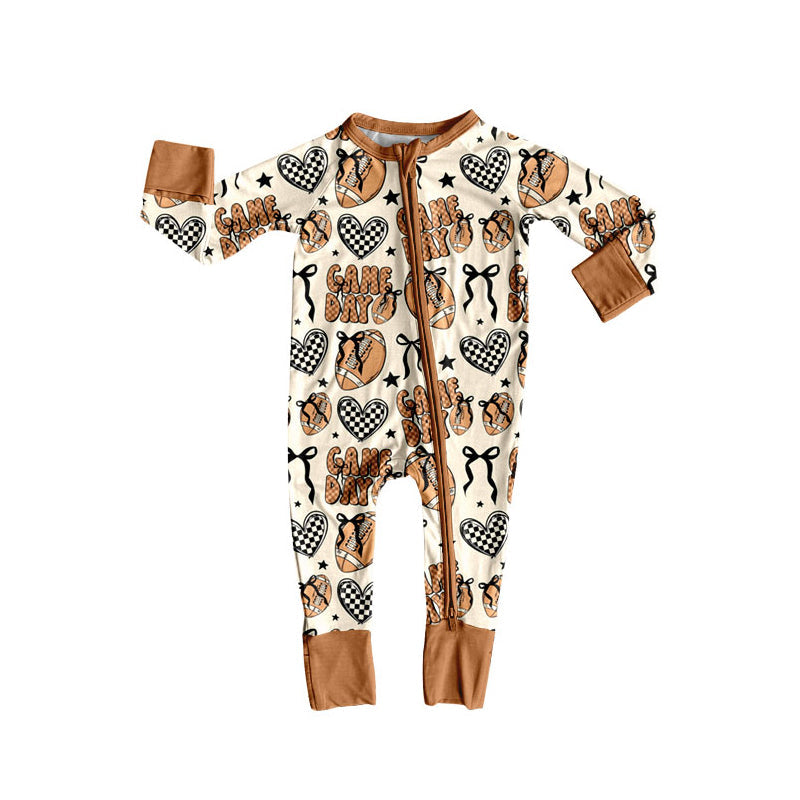 ( Moq 5 ) Preorder Baby Girl Long Sleeves Game Day Football Bows Zipper Romper