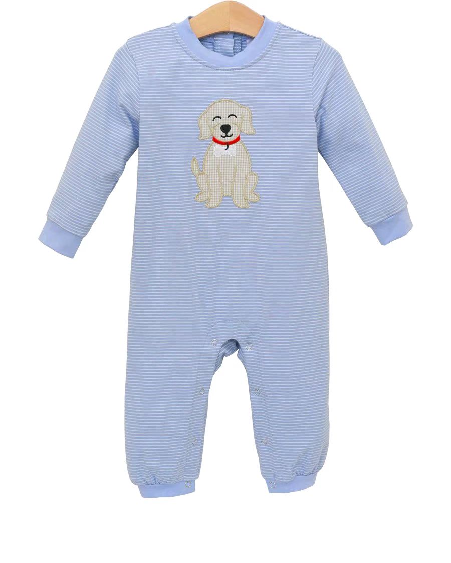 ( Moq 5 ) Preorder Baby Boy Long Sleeves Dog Blue Stripes Buttons Romper