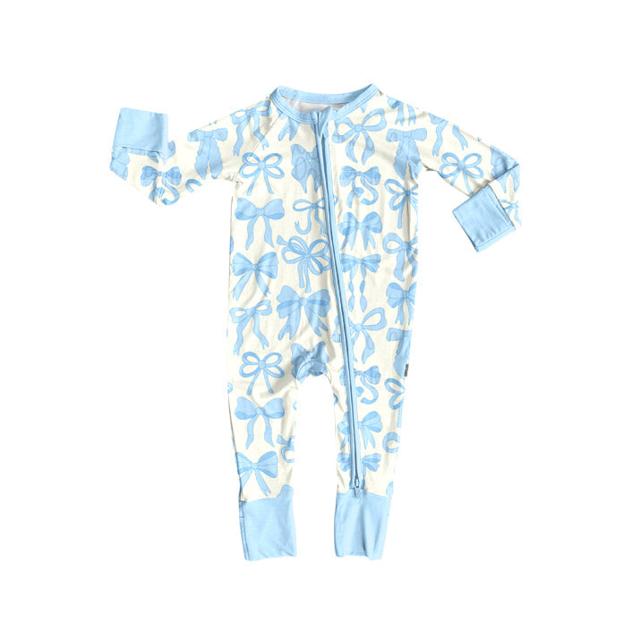 ( Moq 5 ) Preorder Baby Girl Long Sleeves Blue Bows Zipper Footies Pajamas Romper