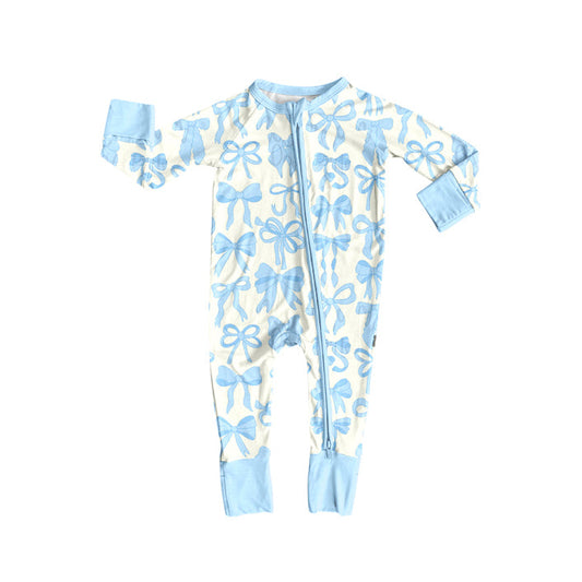 ( Moq 5 ) Preorder Baby Girl Long Sleeves Blue Bows Zipper Footies Pajamas Romper