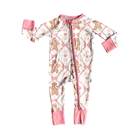 ( Moq 5 ) Preorder Baby Girl Long Sleeves Bows Gingerbread Hearts Christmas Pink Zipper Romper
