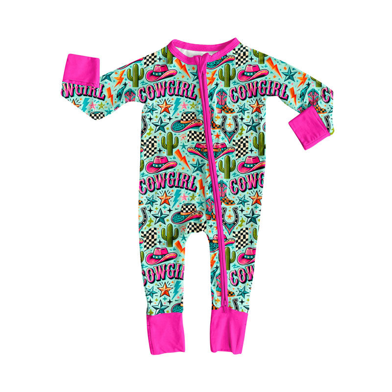 ( Moq 5 ) Preorder Girls Kids Long Sleeves Cowgirl Cactus Hats Pajamas Western Zipper Romper