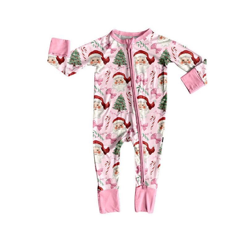 ( Moq 5 ) Preorder Baby Girl Long Sleeves Santa Bows Tree Pink Zipper Christmas Romper