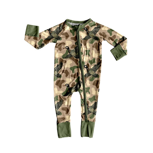 ( Moq 5 ) Preorder Boy Infant Camo Ducks Green Zipper Footie Romper