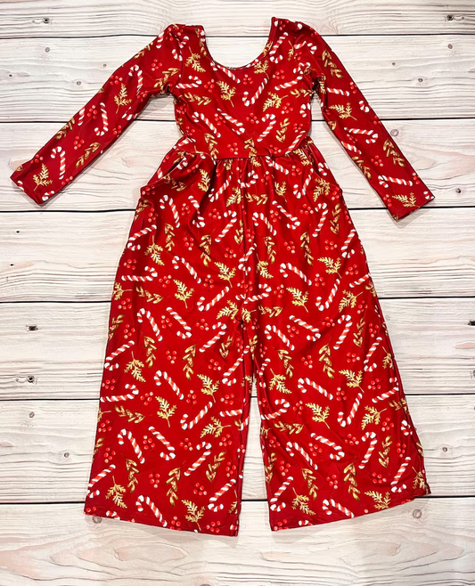 ( Moq 5 ) Preorder Baby Girl Long Sleeves Candy Cane Pockets Christmas Red Jumpsuit
