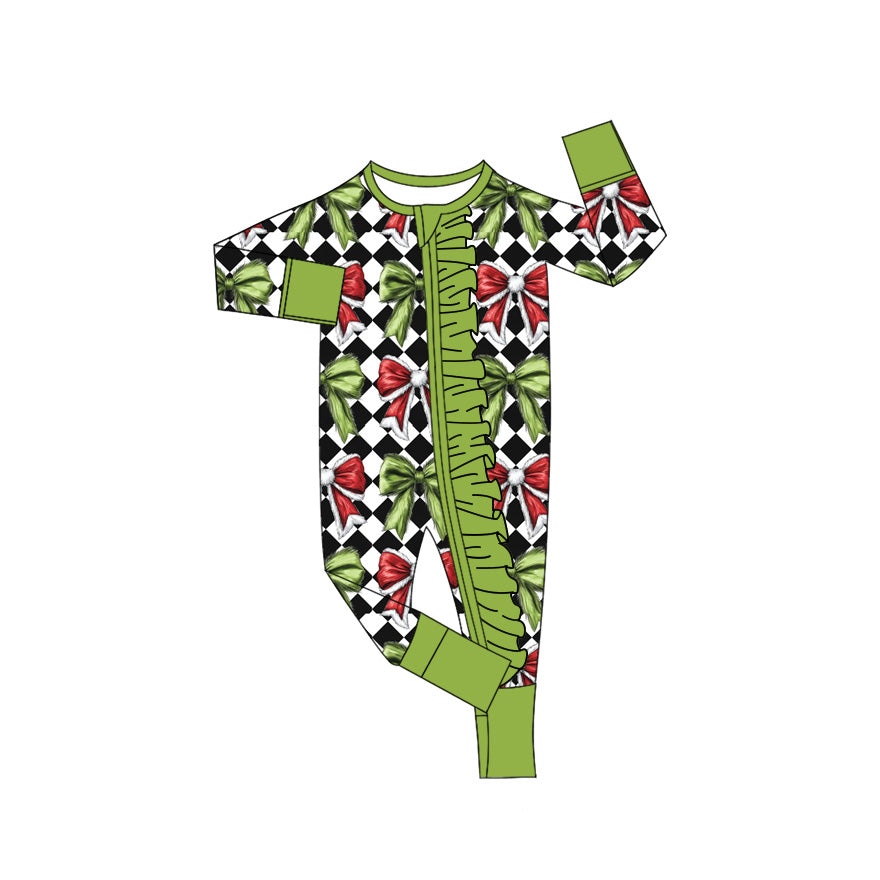 ( Moq 5 ) Preorder Baby Girl Bows Plaid Christmas Green Ruffle Zipper Sleeper Romper
