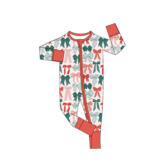 ( Moq 5 ) Preorder Girls Kids Long Sleeves Bows Christmas Zipper Footie Pajamas Romper