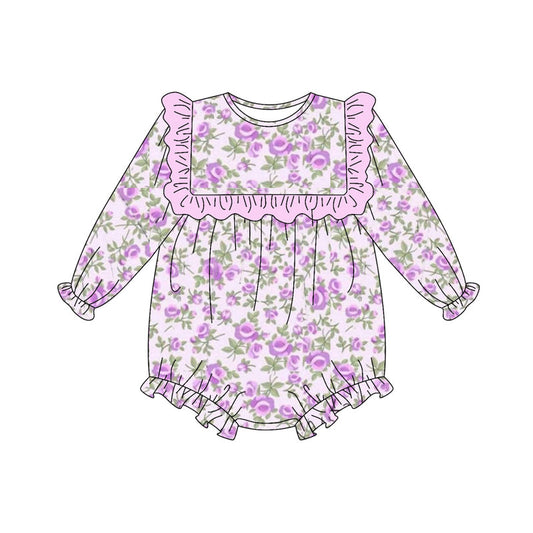 ( Moq 5 ) Preorder Girls Kids Long Sleeves Floral Purple Ruffle Bubble Romper