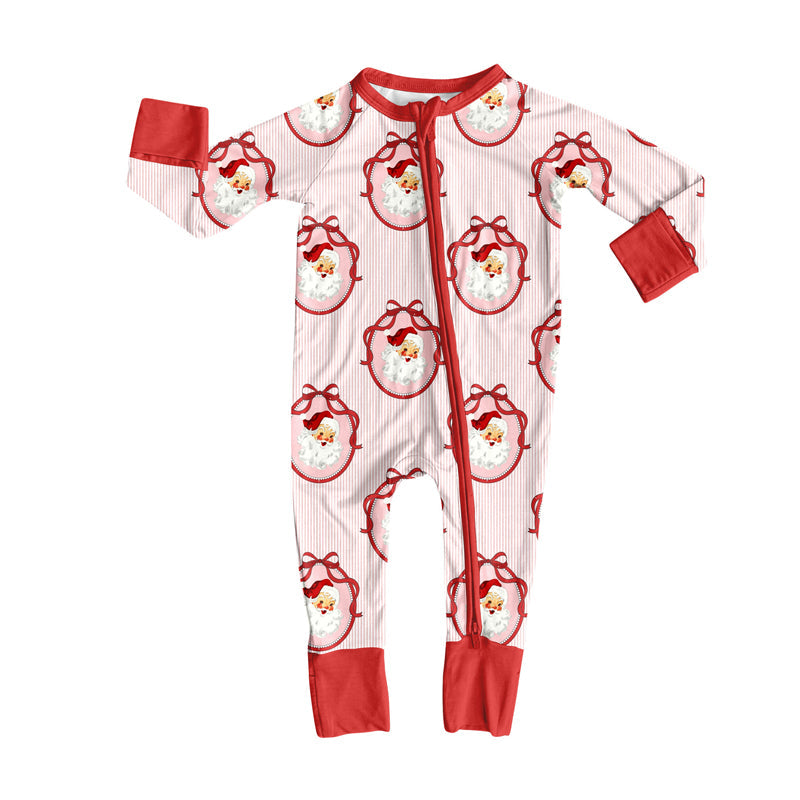 ( Moq 5 ) Preorder Girls Infant Christmas Santa Bows Zipper Pajamas Romper