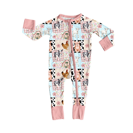 ( Moq 5 ) Preorder Girls Infant Farm Animals Flower Zipper Pajamas Romper