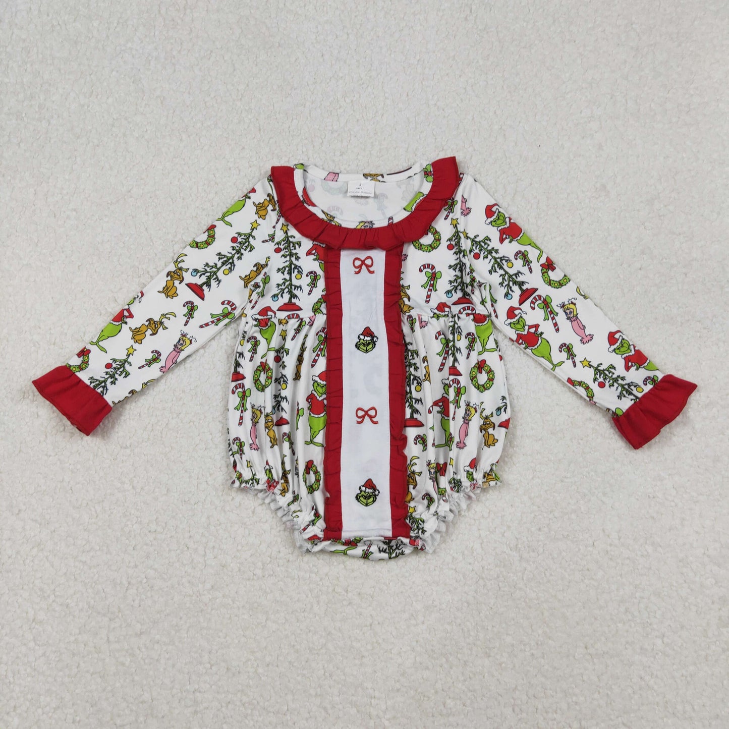 Sibling Girls Kids Embroidery Green Face Bows Christmas Romper Dress Set Clothes RTS