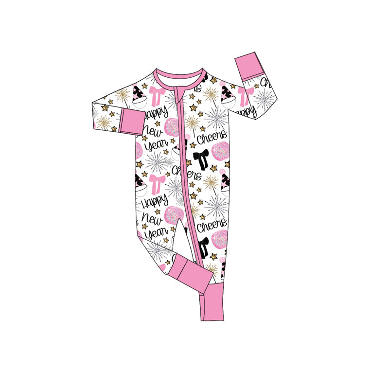 ( Moq 5 ) Preorder Girls Kids Stars Happy New Year Bows Pink Zipper Sleeper Romper