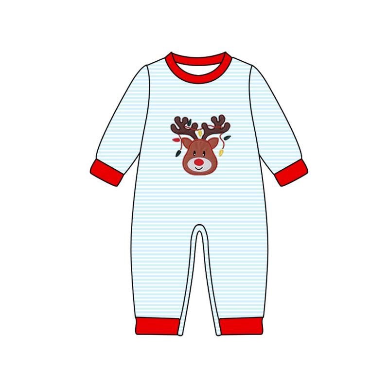 ( Moq 5 ) Boys Infant Long Sleeves Deer Lights Blue Stripes Christmas Romper