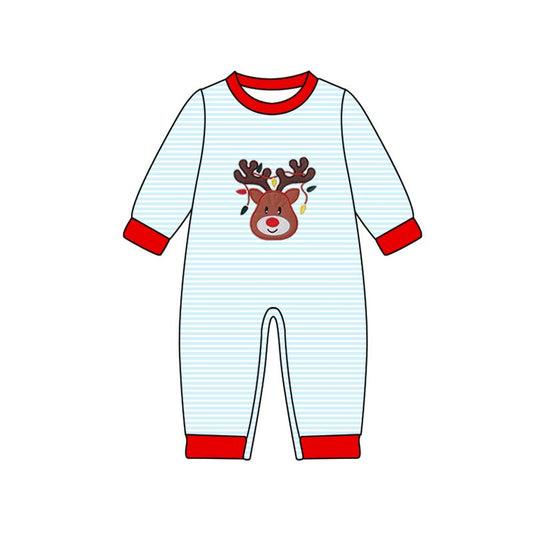 ( Moq 5 ) Boys Infant Long Sleeves Deer Lights Blue Stripes Christmas Romper