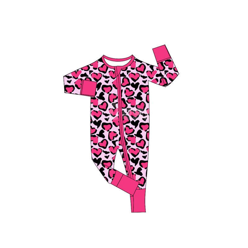 ( Moq 5 ) Preorder Girls Kids Pink Hearts Leopard Valentine's Day Zipper Footie Pajamas Romper