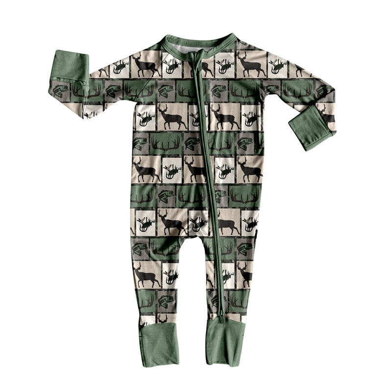 ( Moq 5 ) Girls Kids Long Sleeves Deer Fish Plaid Green Zipper Hunting Romper