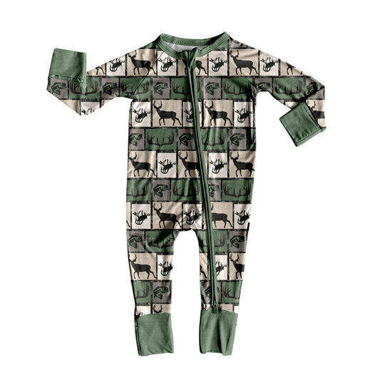 ( Moq 5 ) Girls Kids Long Sleeves Deer Fish Plaid Green Zipper Hunting Romper
