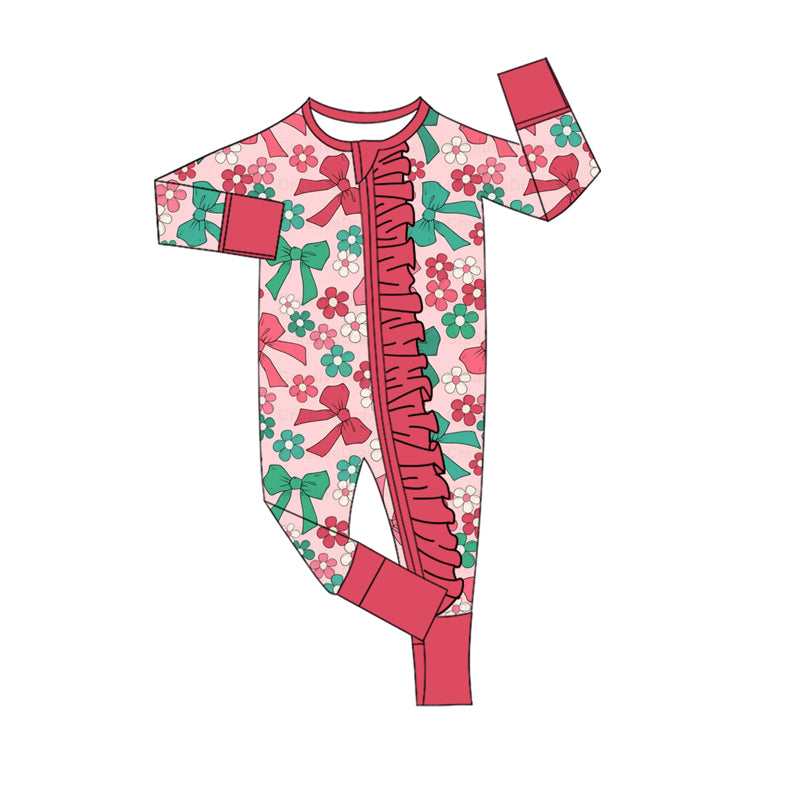 ( Moq 5 ) Preorder Girls Infant Bows Flower Ruffle Zipper Footie Pajamas Romper