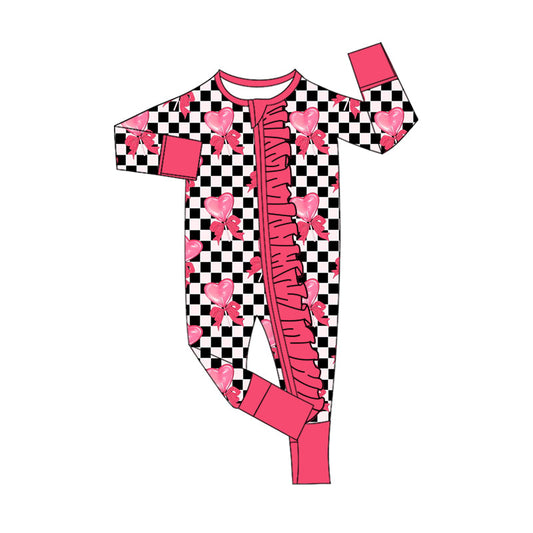 ( Moq 5 ) Preorder Girls Infant Valentine's Hearts Bows Checked Zipper Footie Pajamas Romper