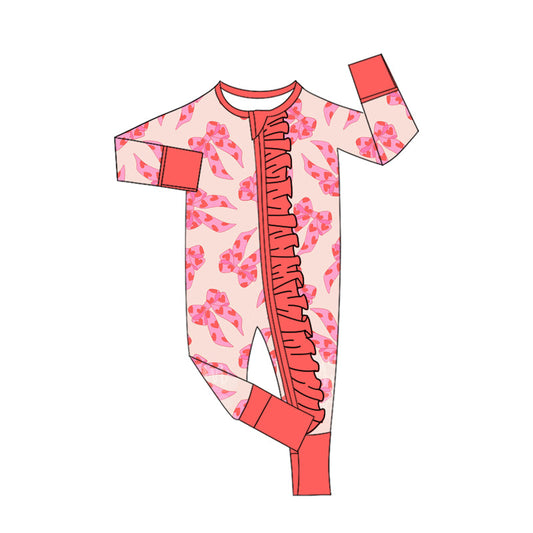 ( Moq 5 ) Preorder Girls Infant Hearts Bows Ruffle Zipper Footie Pajamas Valentine's Romper