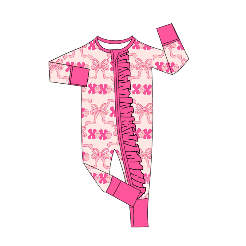 ( Moq 5 ) Preorder Girls Infant Valentine's Hearts Bows Pink Zipper Footie Pajamas Romper
