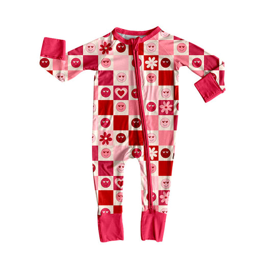( Moq 5 ) Preorder Girls Infant Smile Hearts Checked Zipper Pajamas Valentine's Romper