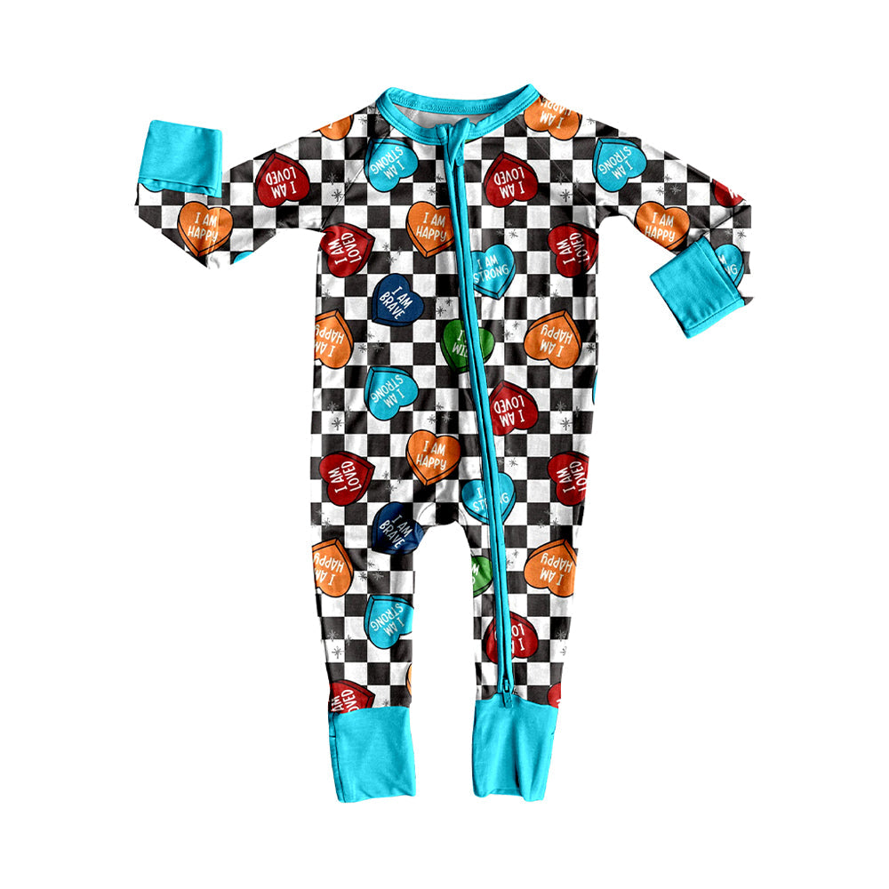 ( Moq 5 ) Preorder Boys Kids Hearts Checked Valentine's Day Pajamas Zipper Romper