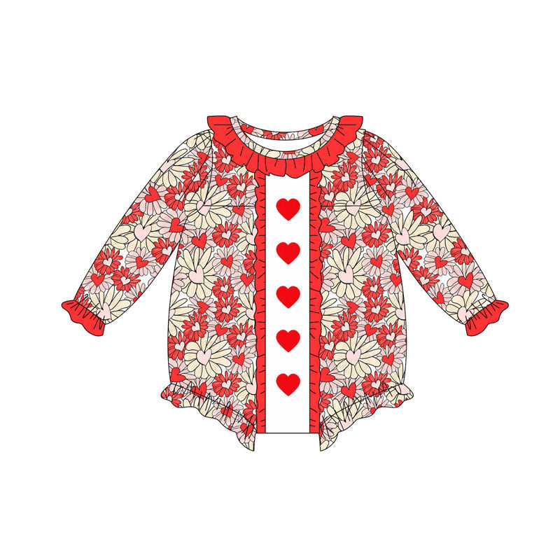 ( Moq 5 ) Preorder Girls Infant Hearts Flower Valentine's Day Ruffle Bubble Romper