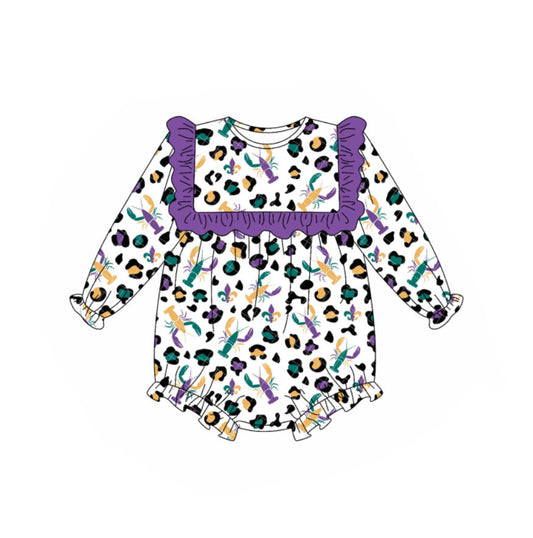 ( Moq 5 ) Preorder Girls Infant Long Sleeves Crayfish Leopard Purple Ruffle Mardi Gras Bubble Set