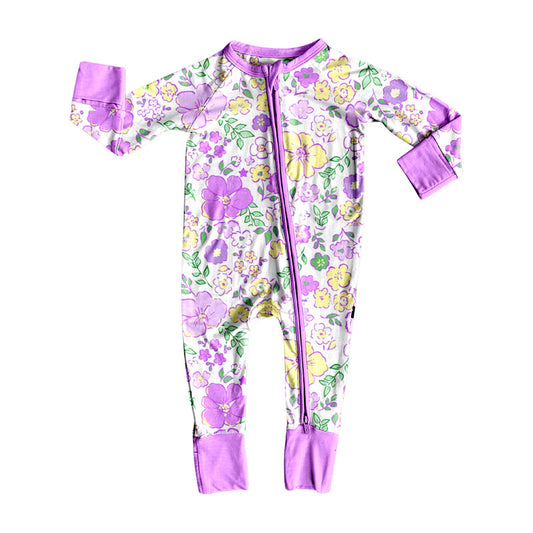 ( Moq 5 ) Preorder Girls Infant Long Sleeves Flower Purple Zipper Sleeper Romper