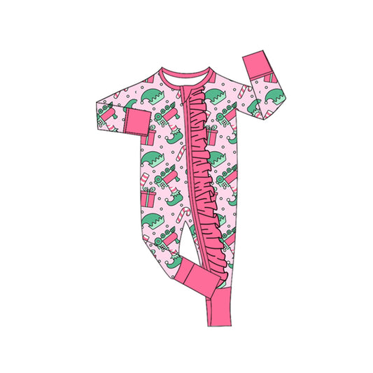 ( Moq 5 ) Preorder Girls Infant Long Sleeves Christmas Ruffle Zipper Sleeper Romper