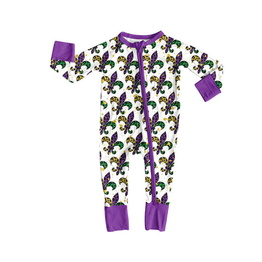 ( Moq 5 )Preorder Girls Infant Long Sleeves Mardi Gras Purple Zipper Sleeper Romper