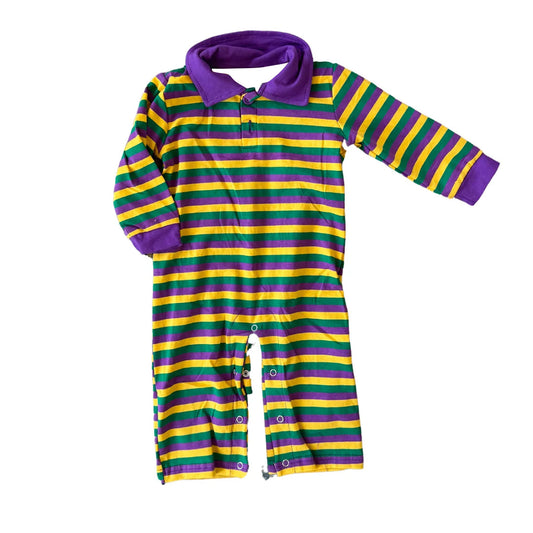 ( Moq 5 )Preorder Baby Boys Short Sleeves Mardi Gras Strips Buttons Romper