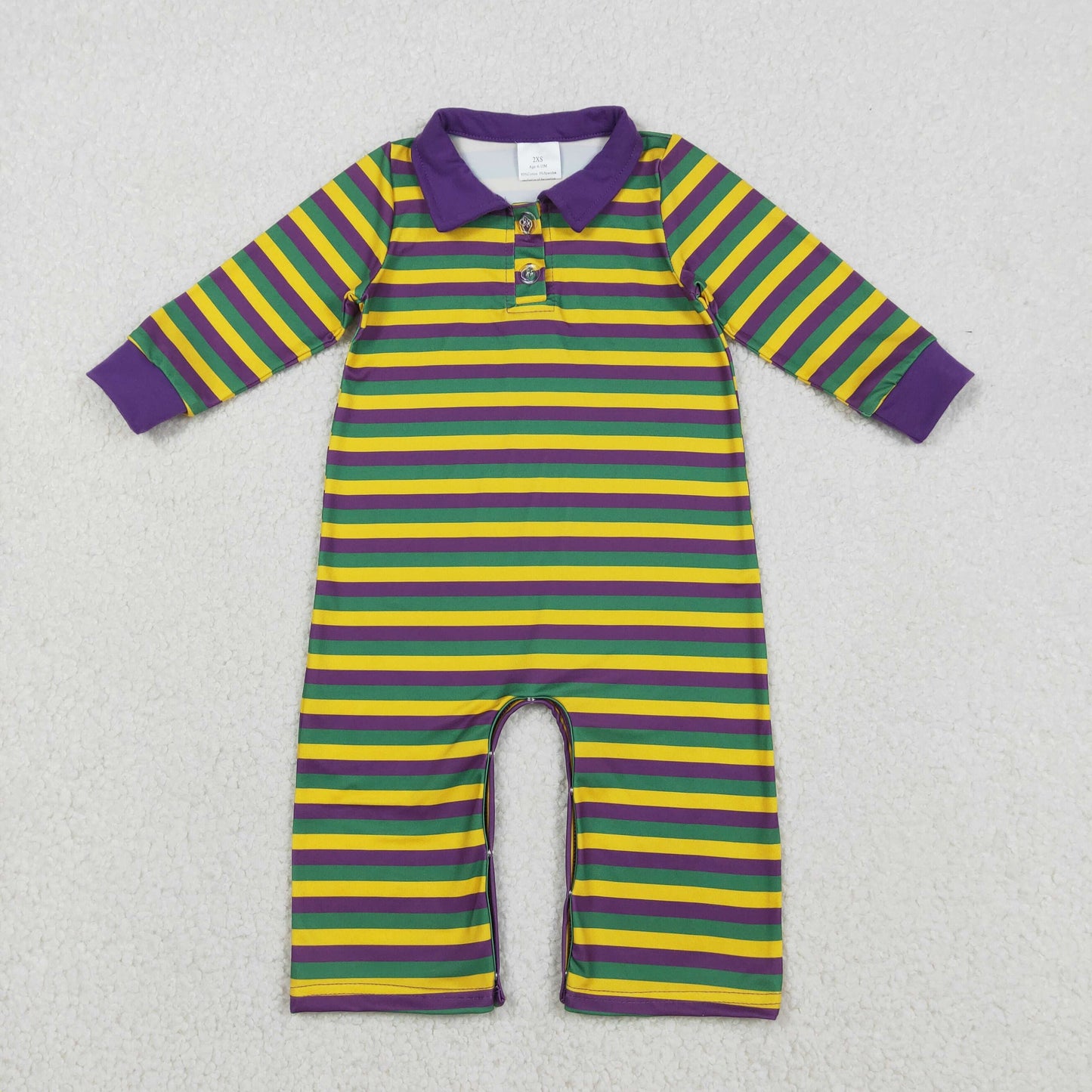 Sibling Baby Boys Kids Long Sleeves Mardi Gras Strips Buttons Romper Pullover Shirt RTS