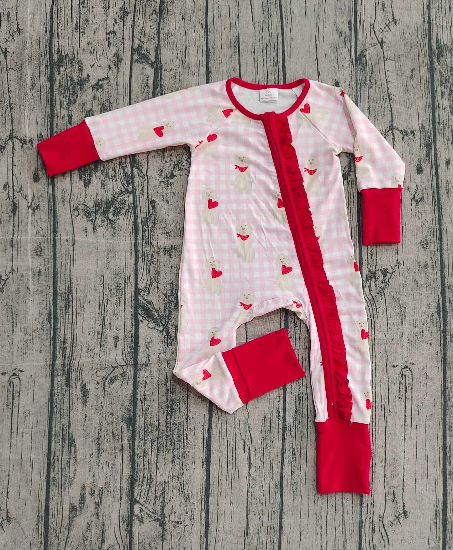 Baby Infant Girls Dogs Hearts Plaid Valentine's Day Zipper Footie Sleeper Romper RTS
