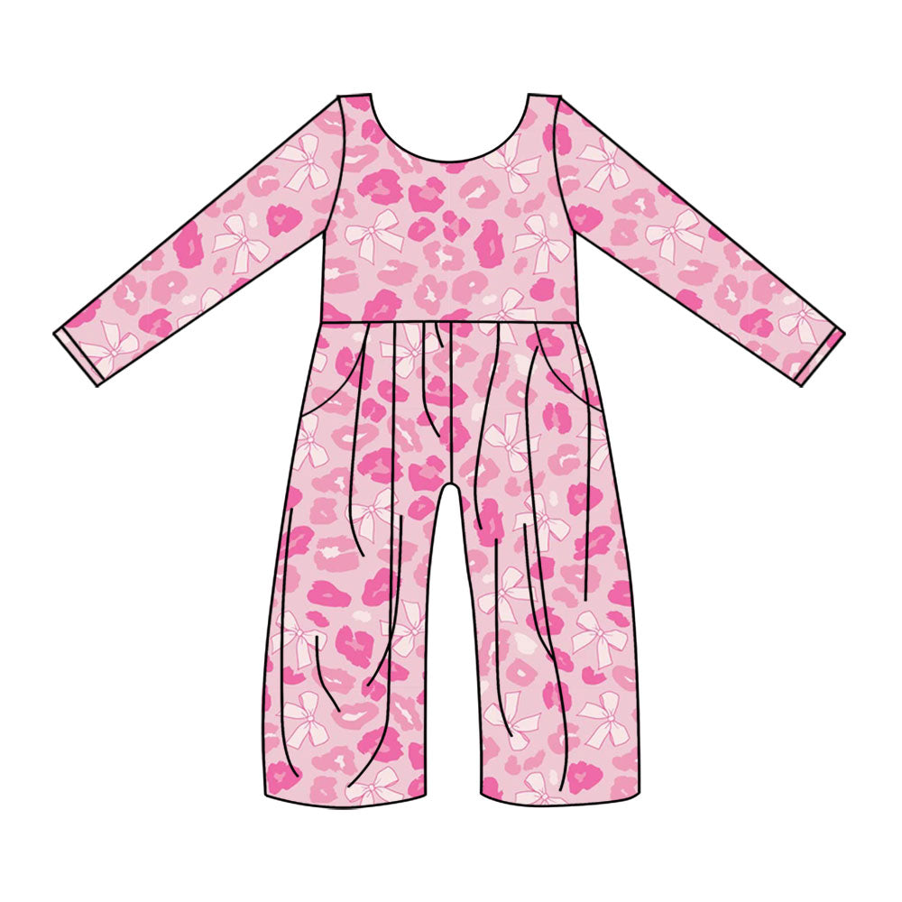 ( Moq 5 ) Preorder Girls Kids Long Sleeves Leopard Bows Valentine's Pockets Jumpsuit