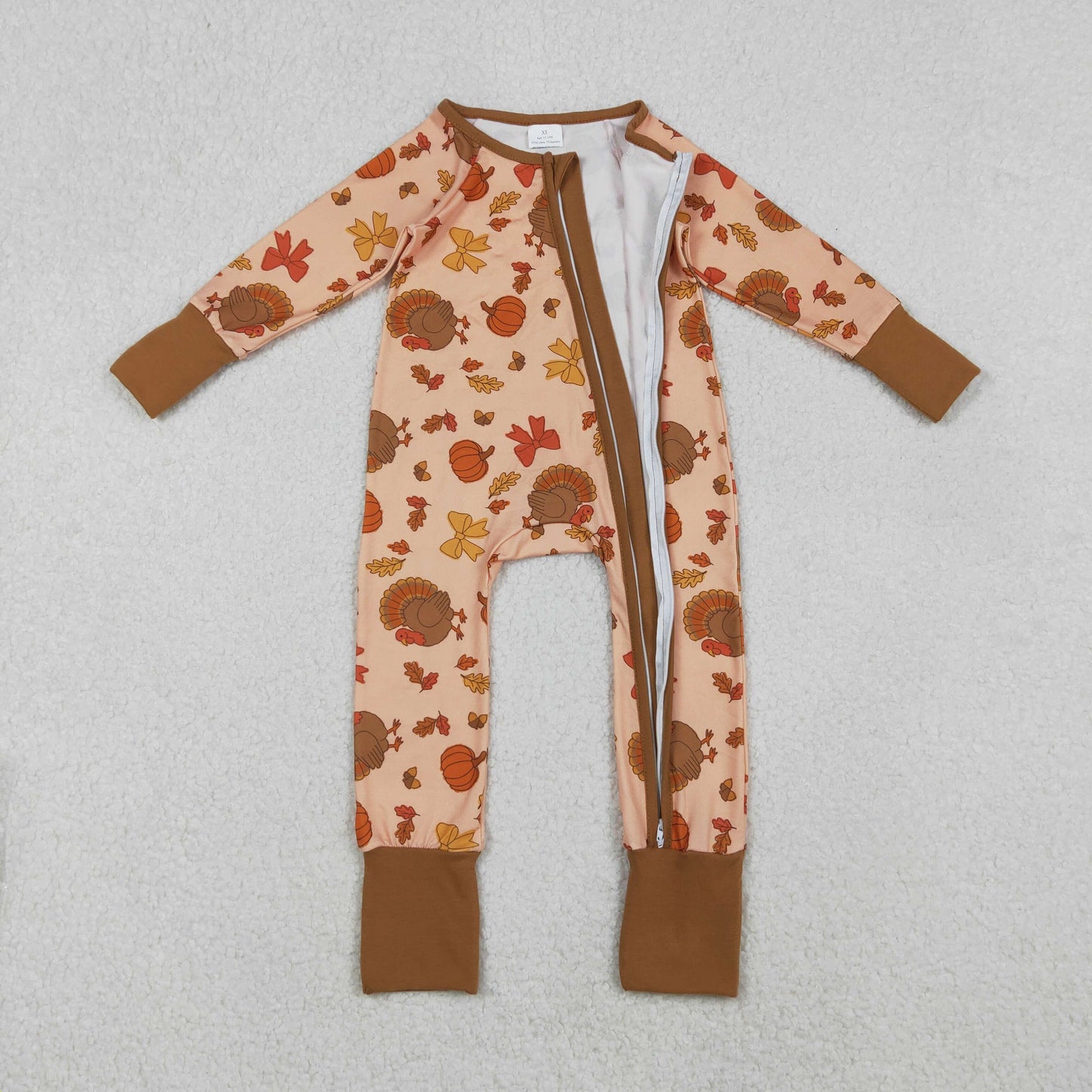 Sibling Girls Kids turkey Pumpkin Bows Fall Thanksgiving Footie Zipper Romper Pajamas Set RTS